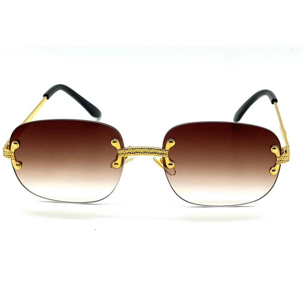 Rimless Sunglasses Men Gold Accents Brown Lens Fashion Shades Street Wear Lentes